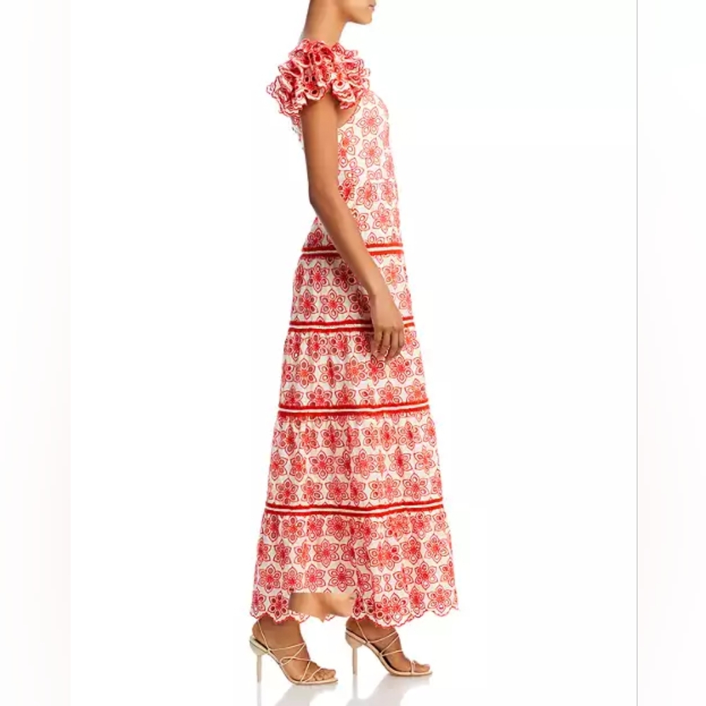 Alice + Olivia White Maxi Dress with Red Floral Eyelet Pattern - Picture 4 of 12